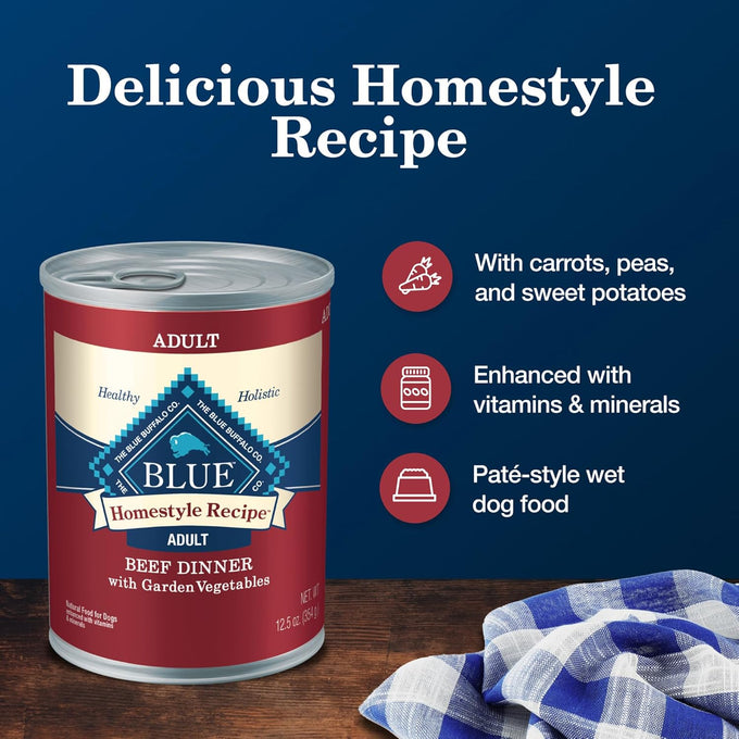 Blue Buffalo Homestyle Recipe Adult Wet Dog Food, 12.5-oz cans, 12 count, Made with Beef and Garden Vegetables, Natural Ingredients