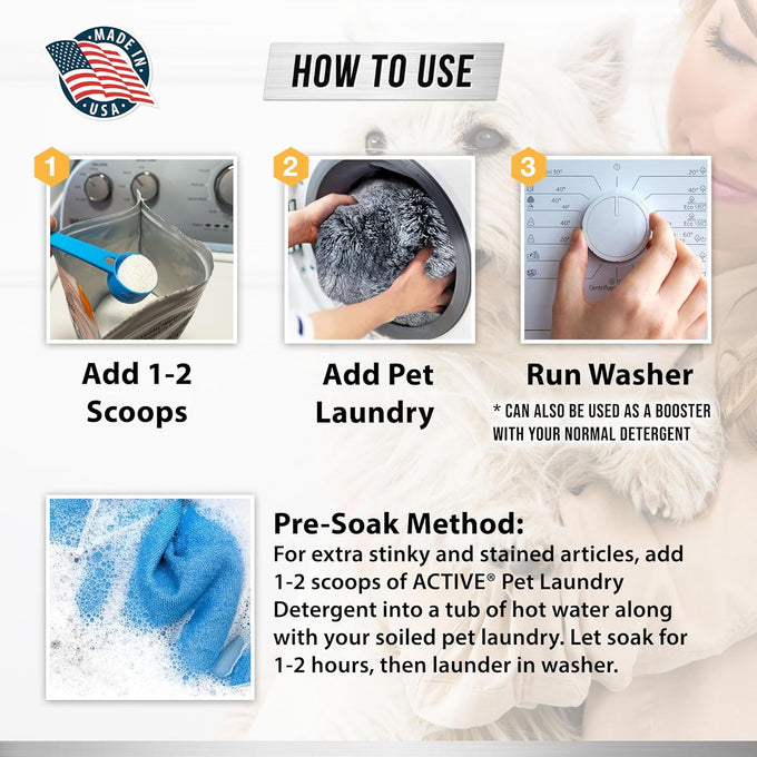 pet laundry detergent odor remover - active enzyme based powder for dogs beds, cat pee, and urine stains - 64 loads