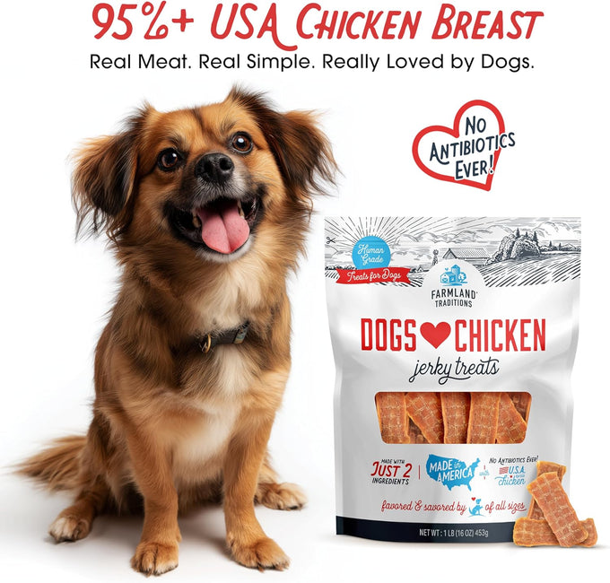 Farmland Traditions premium USA-raised chicken jerky dog treats, human-grade, no antibiotics, 1 pound bag