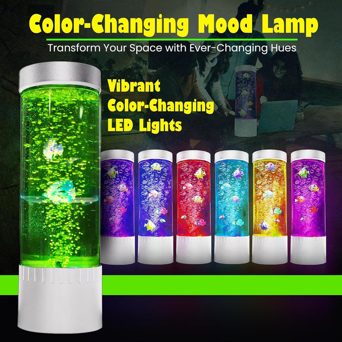 Brewish 7 Color Changing Fake Aquarium Night Light Desktop Lamp with Moving Fishes, 13.5 inches height, Clear Acrylic Tank