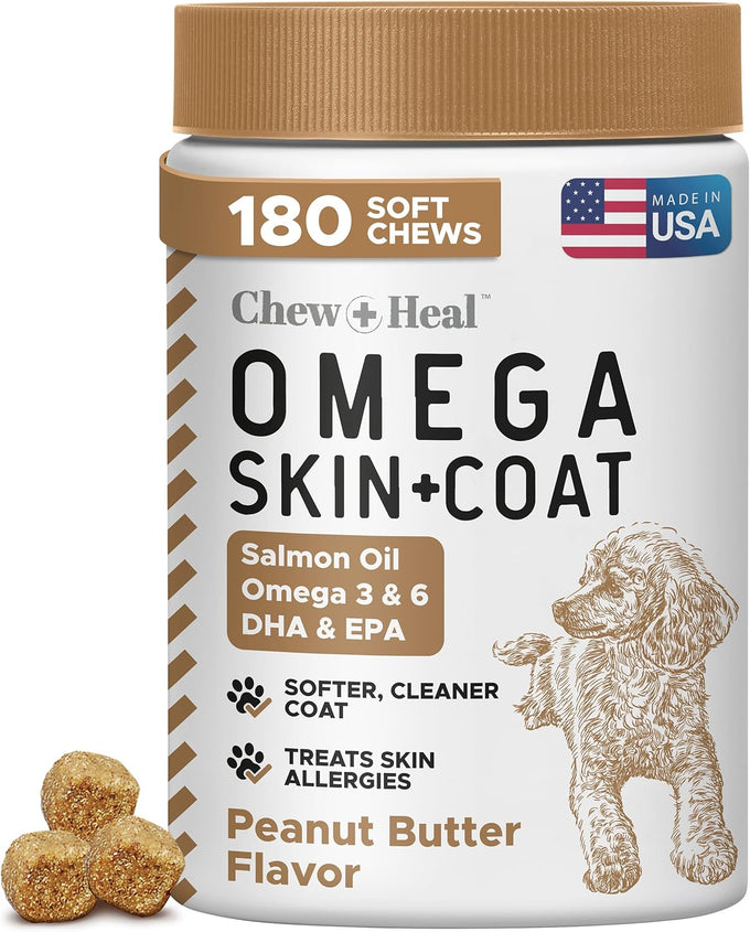 Salmon Oil Omega 3 Fish Oil for Dogs - 180 Soft Chews for Itch Relief, Shedding, Hot Spots, Skin & Coat