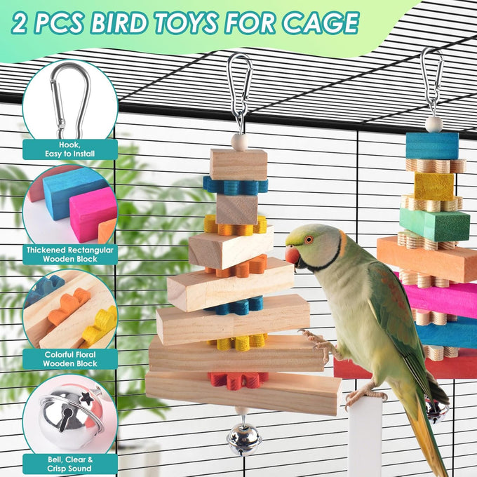 dbness large parrot hanging chew toy 2 pcs wooden block with bell for medium to large parrots and cockatiels