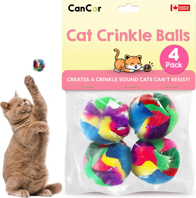 Soft Crinkle Cat Toy Balls 4 Pack - Fuzzy Pom Balls for Indoor Cats & Kittens Made in Canada