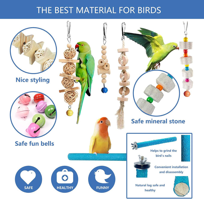 22 Pack Parakeet Cockatiel Toys Set with Safe Bells, Colorful Climbing Ladder, Natural Wood