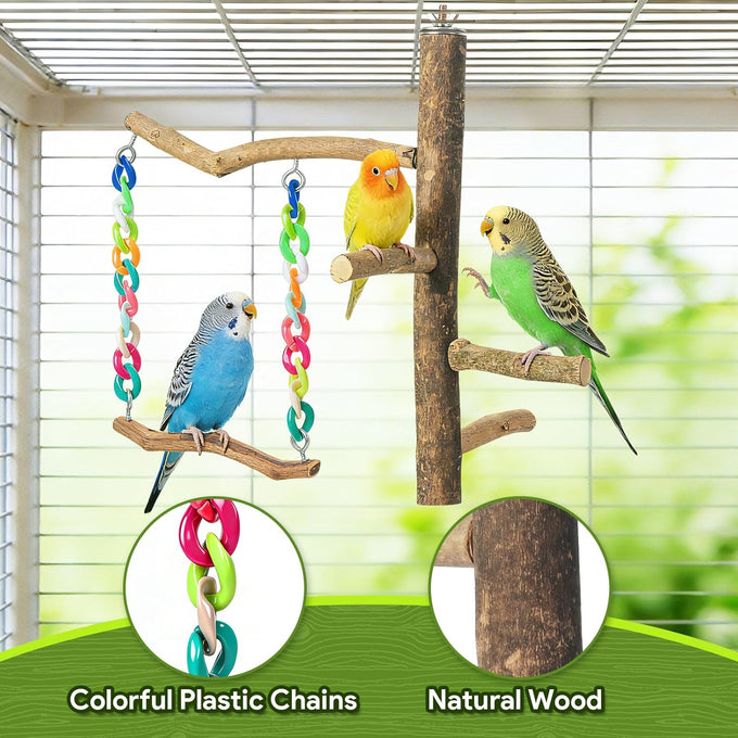Bird Swing Toys with Perch Stand for Budgies, Parakeets, Cockatiels, and Small Birds - Bird-Safe Wood and Colored Chains