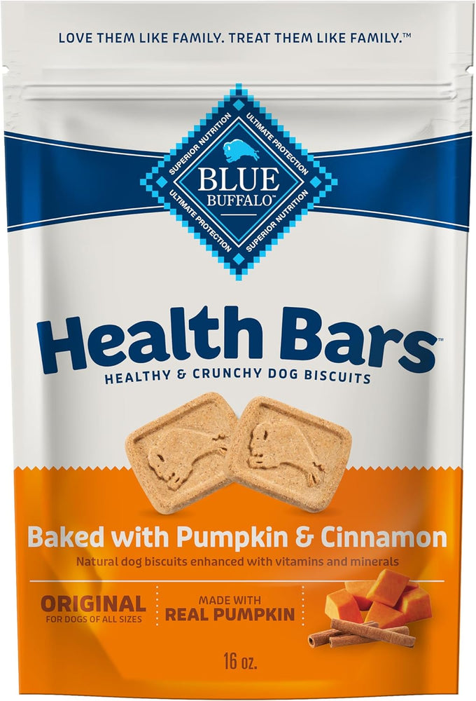 blue buffalo health bars crunchy dog biscuits, oven-baked, pumpkin, cinnamon, 16-oz bag