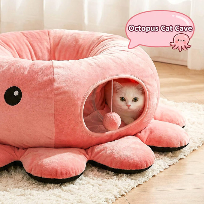 Cat Octopus Tunnel Bed with 20 Toys, Collapsible Indoor Cat Playhouse for Kittens, Machine Washable Cushion