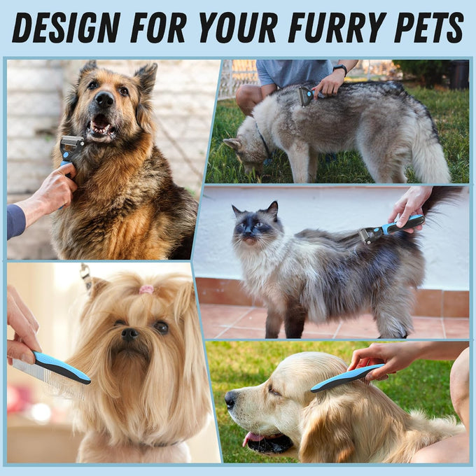 Docrok pet grooming combo with metal comb for detangling and dematting long fur on dogs and cats, blue