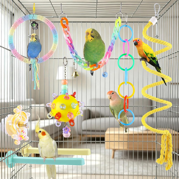 Parakeet Toys Set 8 Pcs Cotton Rope Hanging Swing Colorful Spinning Chewing Standing Perch Parrot Toys Bird Cage Accessories Bird Toy for Lovebird Cockatiel Budgie Finches
