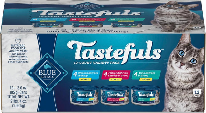 blue buffalo tastefuls flaked wet cat food variety pack, real meat, tuna, chicken, fish & shrimp, 12 count, 4 of each