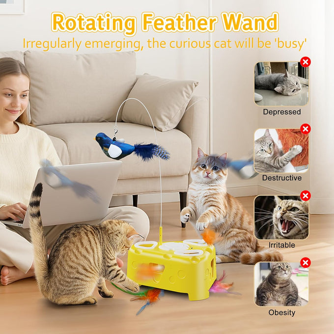 Cheese-Shaped Interactive Cat Toy with USB Rechargeable Electronic Feather Toy for Indoor Cats and Kittens 6-Hole Mole & Rotating Feather