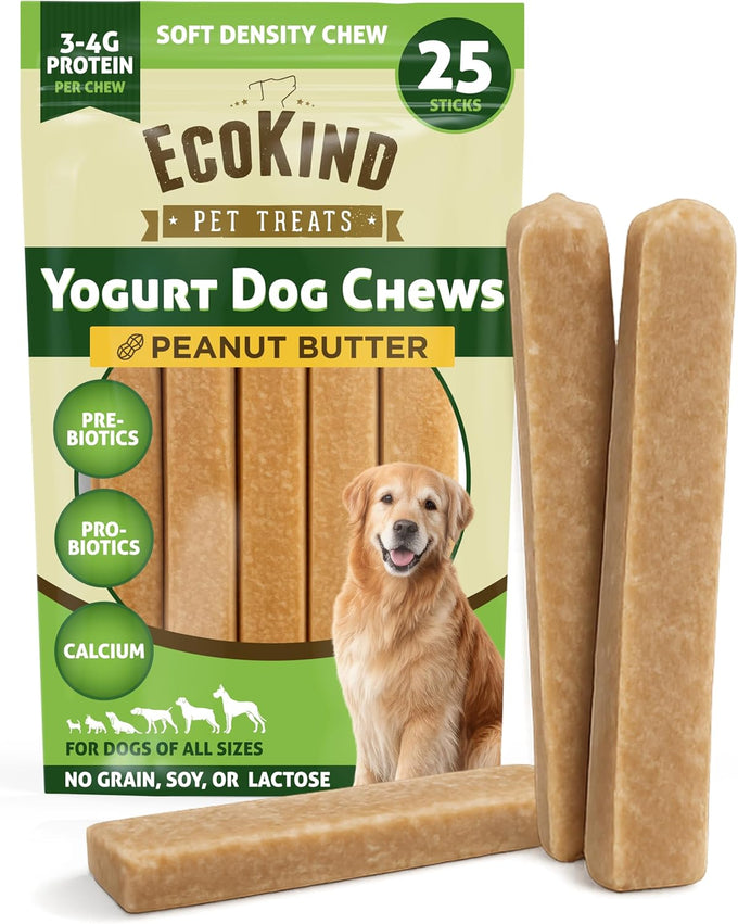EcoKind Peanut Butter Yogurt Dog Chews - Probiotics, Lactose Free, Grain Free, Natural Dog Treats for All Breeds, USA Made, 25 Chews