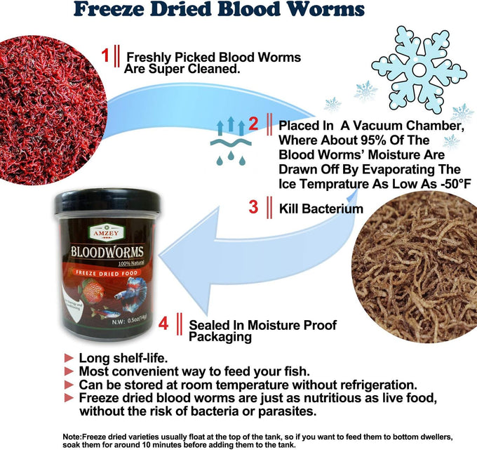 Amzey Blood Worms 0.5 oz, 100% natural freeze-dried blood worms, high protein food for aquarium fish and turtles