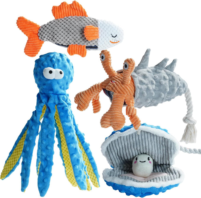 nocciola 4-pack crinkle squeaky dog toys for aggressive chewers, durable plush rope tug toy for small medium large breeds