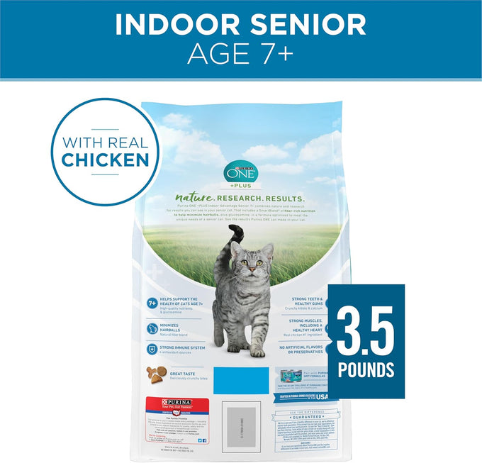 Purina one high-protein senior dry cat food, indoor advantage, real chicken, natural, 3.5 lb bag