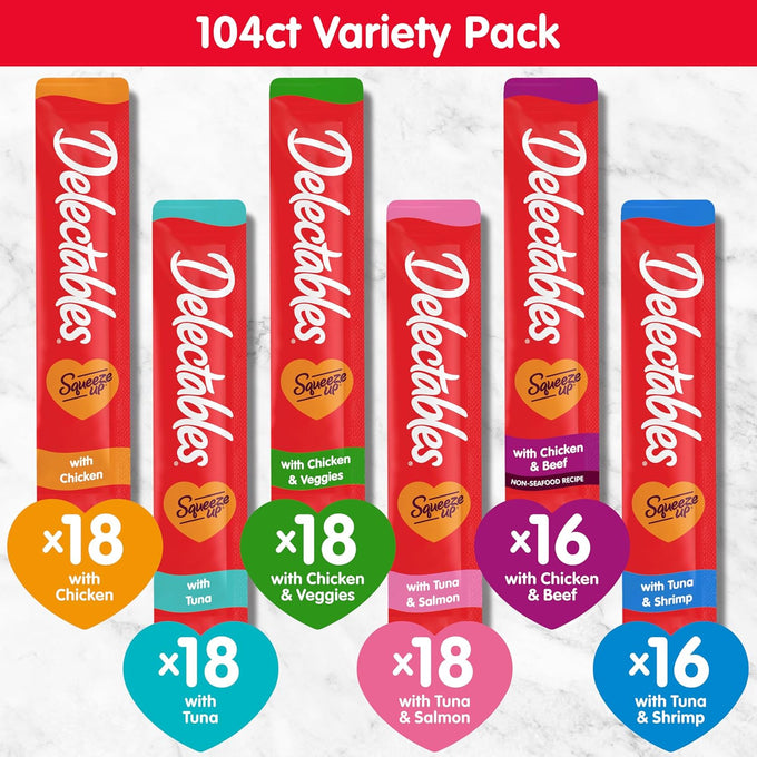 delectables squeeze up variety pack, creamy squeezable puree, grain free, no added fillers or by-products, 104 tubes