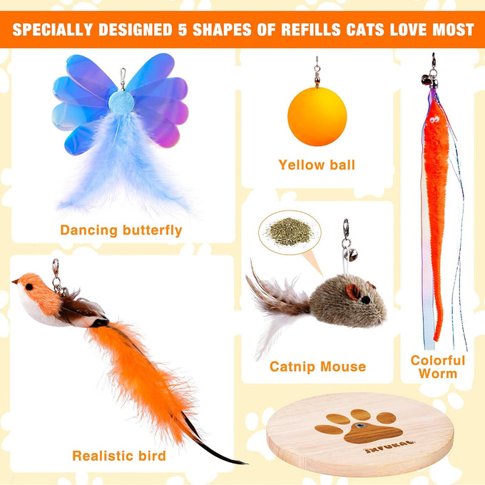 JXFUKAL interactive cat toy 3 in 1 with stable wooden base 2 PCS detachable cat teaser 5PCS refills & elastic string for kitty kitten toys