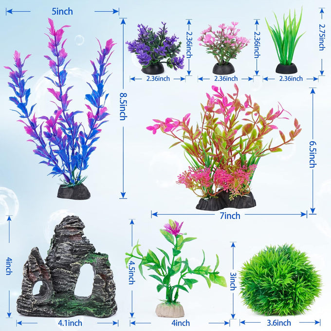 Ameliade goldfish and betta fish tank accessories artificial plastic plants decorations and rock cave set