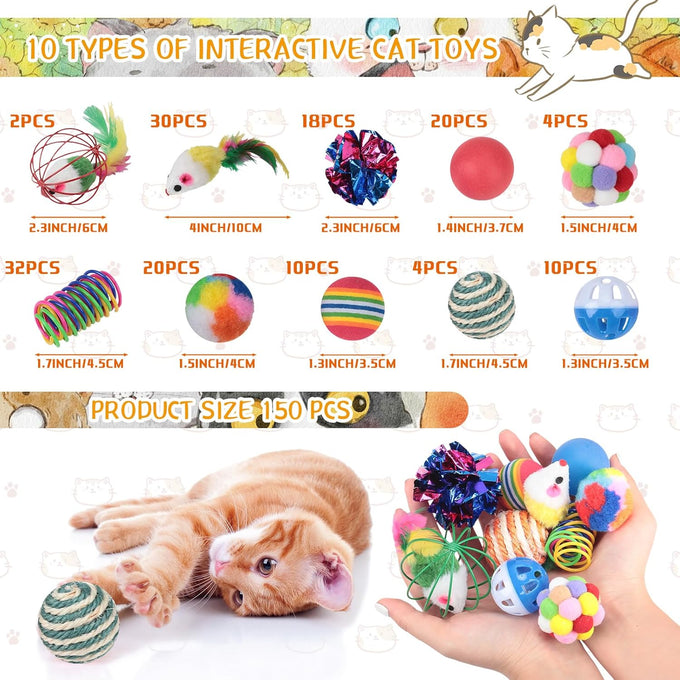 shappy 150 pcs assorted cat toys for indoor cats bulk kitten toys pack variety gift