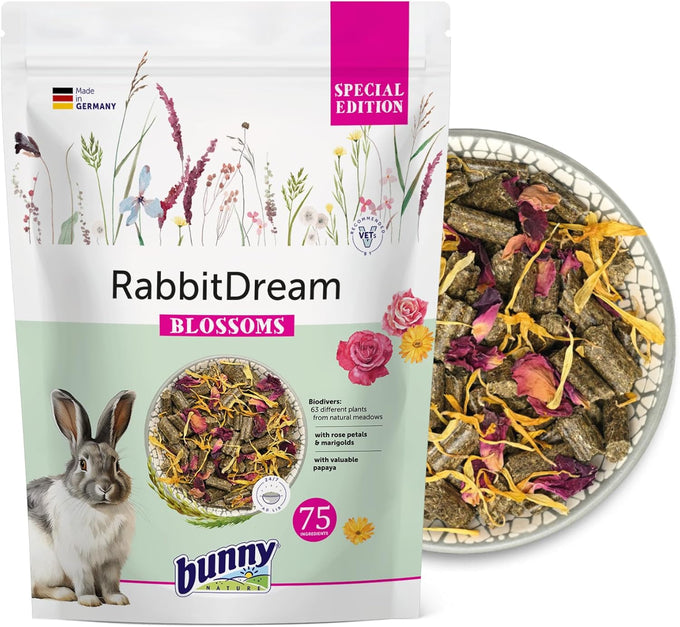 Bunny Nature Rabbit Food Pellets RabbitDream Blossoms, 63 Herbs, Grain Free, Digestive Health, 3.3 lbs