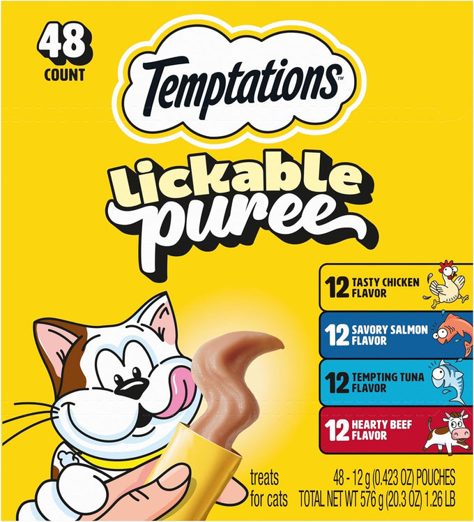 temptations creamy puree squeezable lickable cat treats beef salmon chicken tuna variety pack 48 count