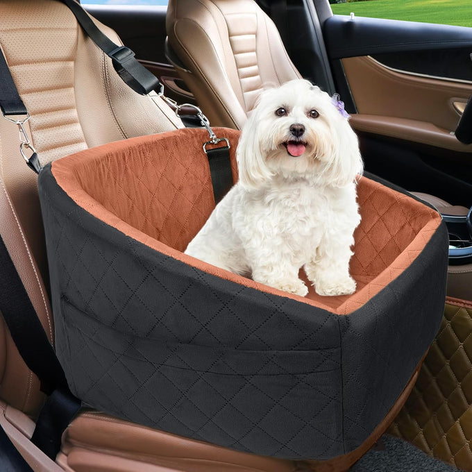 Neezukar dog car seat for small medium dogs, detachable and washable, up to 30lbs, black/brown
