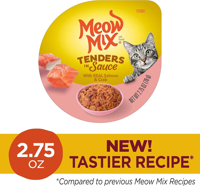 Meow Mix Tenders in Sauce Wet Cat Food, 2.75 oz cups, Salmon & Crab flavor, 12 count
