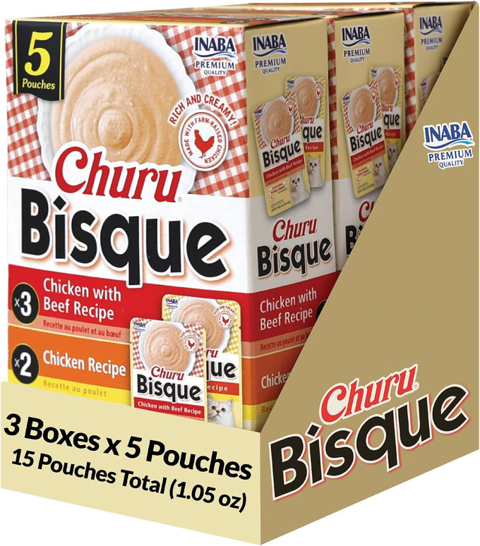 INABA Churu Bisque for Cats, Creamy Lickable Purée Side Dish with Vitamin E, 1.4 Ounces per Pouch, 12 Pouches, Tuna & Chicken Variety