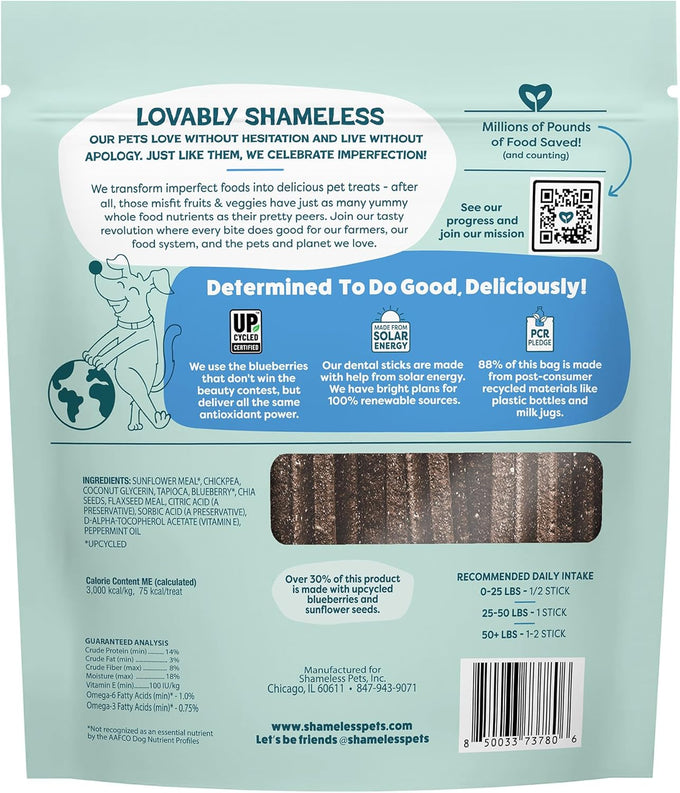 Shameless Pets Blueberry & Mint Dental Chews for Dogs, 32-piece Grain-Free Dental Sticks with Fresh Breath Benefits