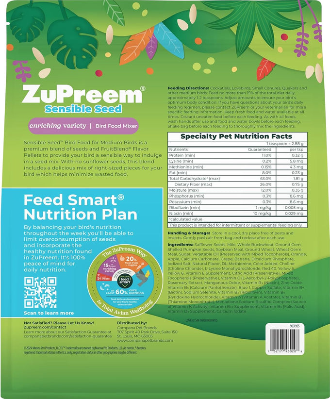 ZuPreem Sensible Seed bird food blend for medium birds, 2 lbs, made in USA, (M)