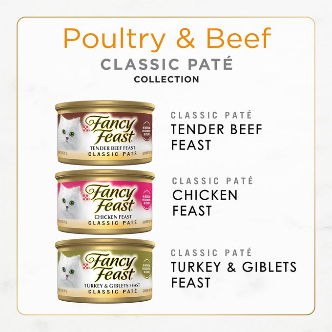 Fancy Feast Grain Free Wet Cat Food Variety Pack - 30x 3 oz. Cans, No Artificial Colors or Preservatives, Adult Cat Food