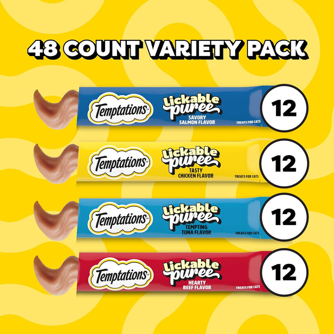 temptations creamy puree squeezable lickable cat treats beef salmon chicken tuna variety pack 48 count
