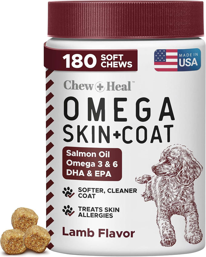 Salmon Oil Omega 3 Fish Oil for Dogs - 180 Soft Chews for Itch Relief, Shedding, Hot Spots, Skin & Coat
