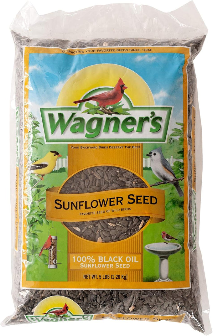 Wagner's 52023 black oil sunflower seed bird food, 5-pound USA-made bag, attracts small birds