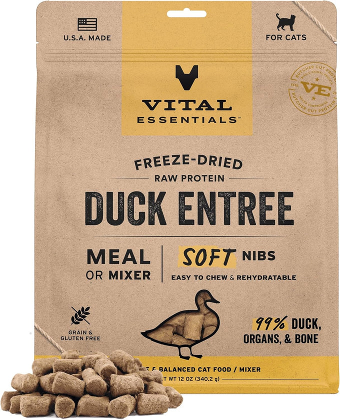 vital essentials raw duck soft nibs freeze-dried cat food complete meal or topper 12 oz