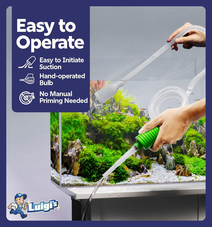 Luigi's Aquarium Gravel Vacuum for Water Changes and Cleaning - Hand Siphon Hose with Filter - Turtle Tank Accessories