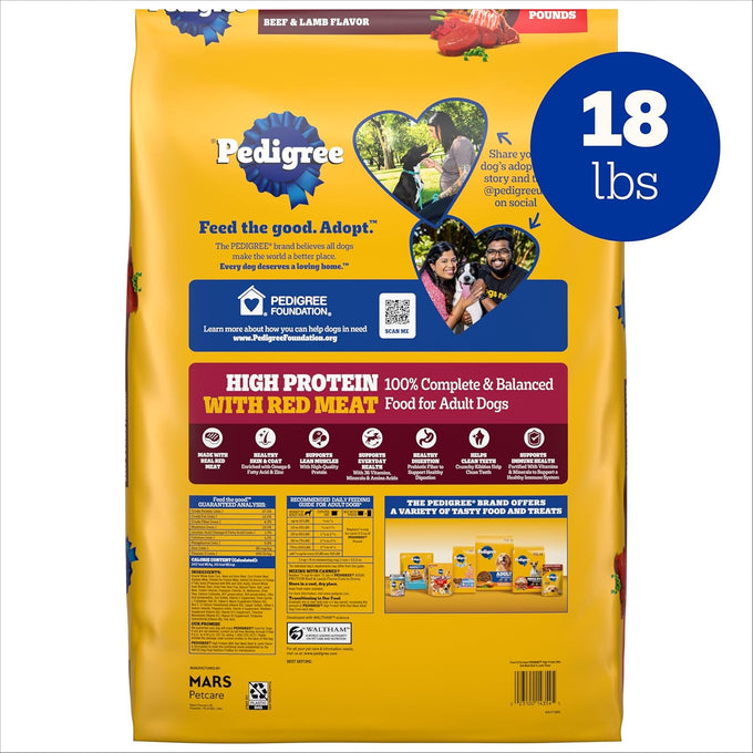 Pedigree High Protein Adult Dry Dog Food, Beef & Lamb, 18 lb