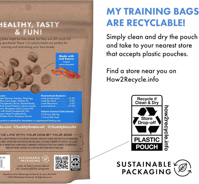 Buddy Biscuits Trainers Training Bites Soft & Chewy Dog Treats, Bacon, 10 oz Pouch