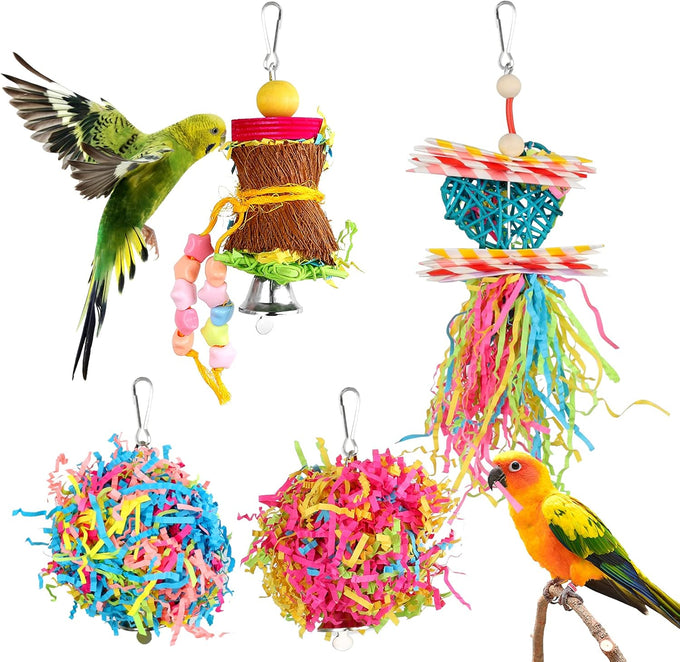 Yuepet 4-pack small parrot chewing toys with natural components, crinkle shred, and colorful beads for parakeets, parrotlets, lovebirds, and cockatiels