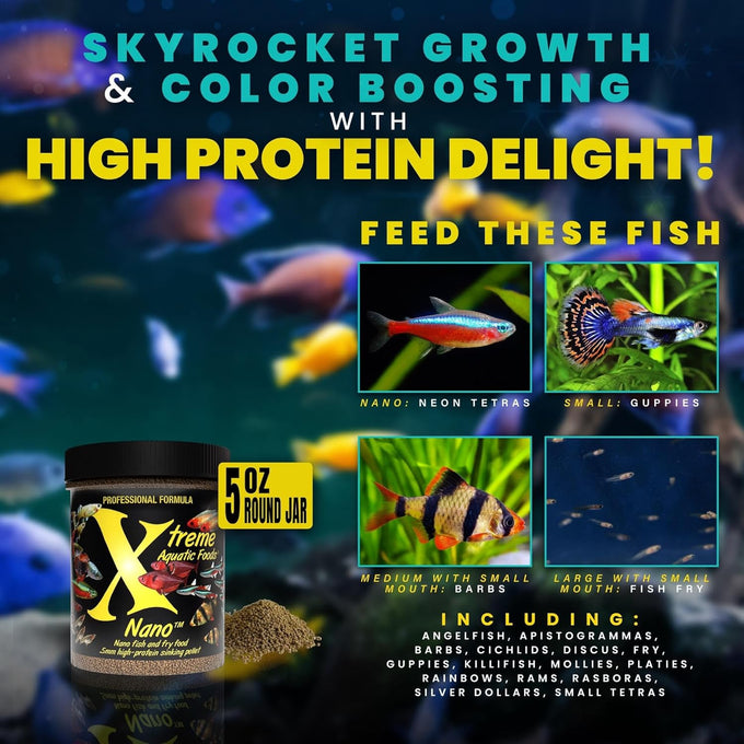 Xtreme Nano 0.5mm sinking pellets for community fish like tetras, barbs, and guppies, high-protein krill-based formula with vitamins and minerals, made in the usa