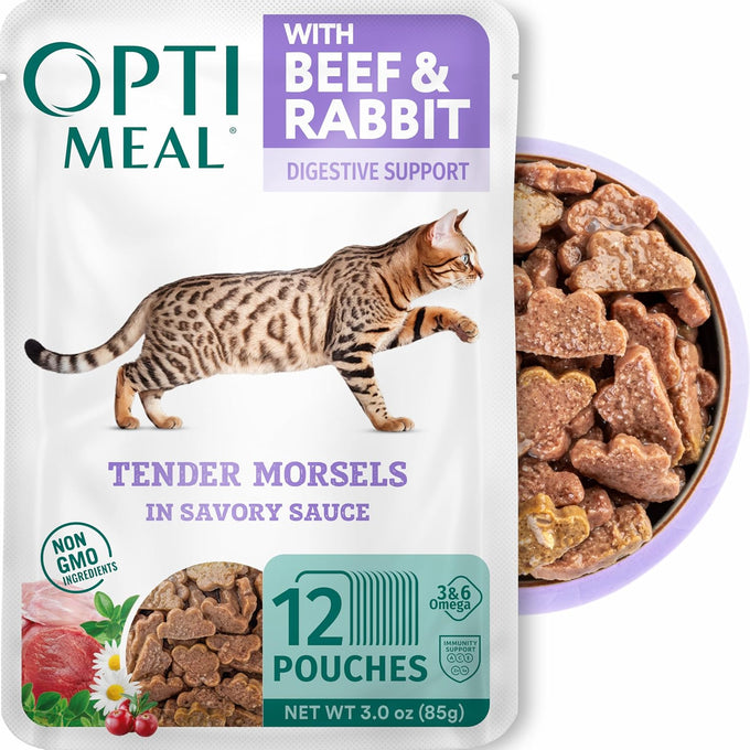 Optimeal Grain-Free Wet Cat Food Pouches - Beef & Rabbit in Savory Gravy, 3 oz, Indoor Adult Cat Food, Pack of 12