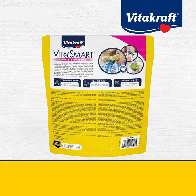 Vitakraft VitaSmart 2 lb parakeet food with seeds, grains, fruits, and omega fatty acids