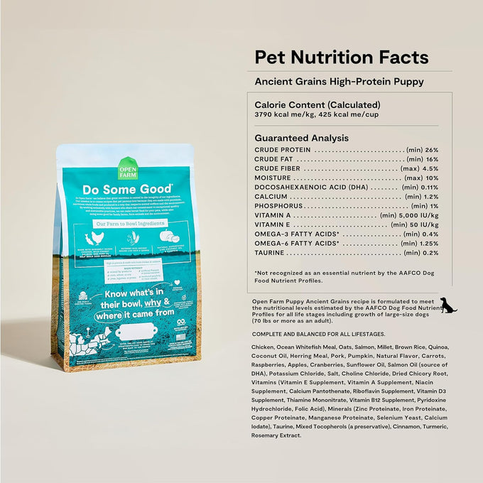 Open Farm, 90% Animal Protein Puppy Dog Food with Ancient Grains and Non-GMO Fruits & Veggies, Chicken & Salmon Recipe, 4lb Bag