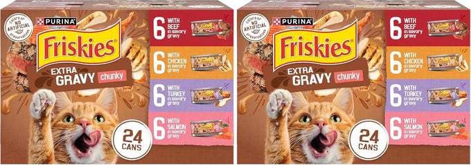 Friskies Purina extra gravy wet cat food chunky variety pack with chicken, turkey, salmon, and beef in 5.5 oz cans (pack of 48)