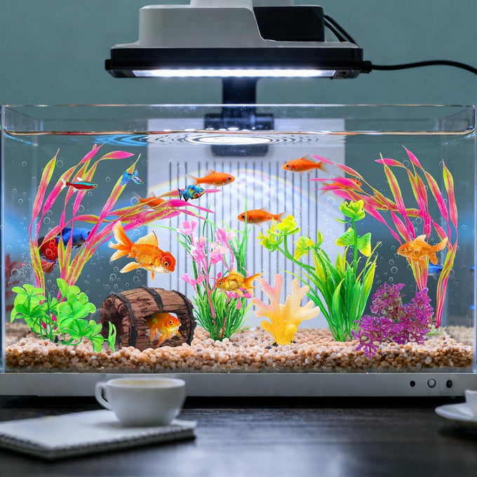 Quozuo small fish tank decorations aquarium accessories 8-piece set with broken barrel and coral hideout ornaments