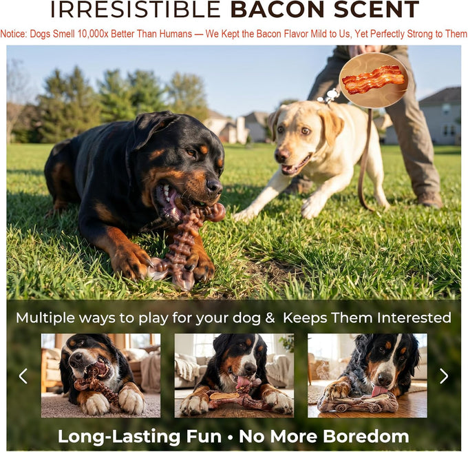 Kseroo bacon flavored nylon dog chew toys 3-pack for medium large dogs 25-90lbs brown XL