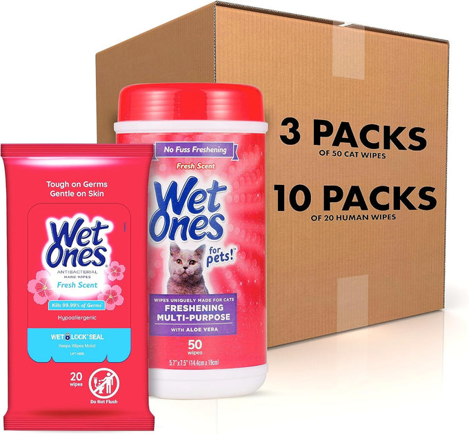 Wet Ones for Cats Freshening Wipes, multi-purpose cat grooming wipes with aloe vera, gentle cleaning, 50 count