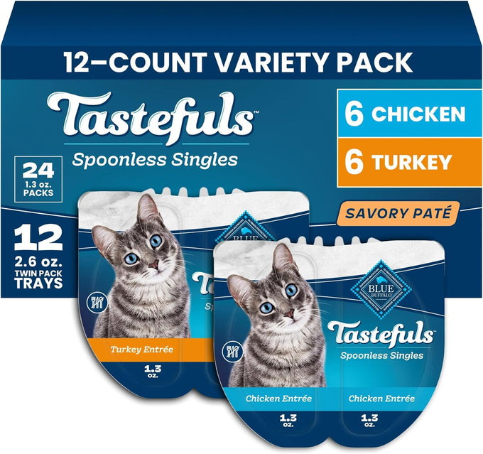 Blue Buffalo Tastefuls Paté Spoonless Single Wet Cat Food Variety Pack (Chicken & Turkey), Made with Natural Ingredients Enhanced with Minerals & Other Nutrients, 2.6-oz. Twin-Pack Trays (12 Count)