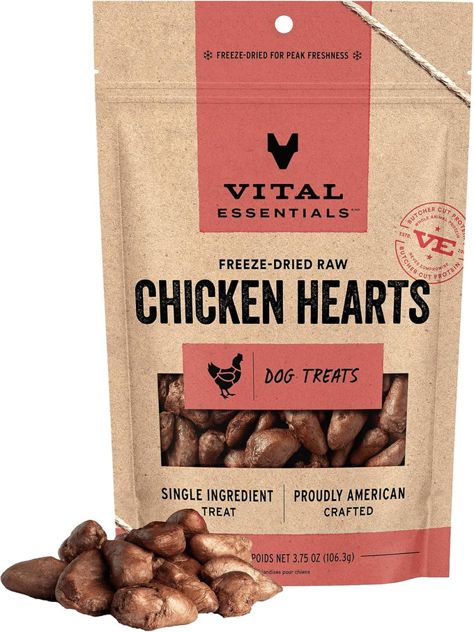 vital essentials freeze dried raw chicken heart dog treats single ingredient premium quality grain free 1.9 oz bag
