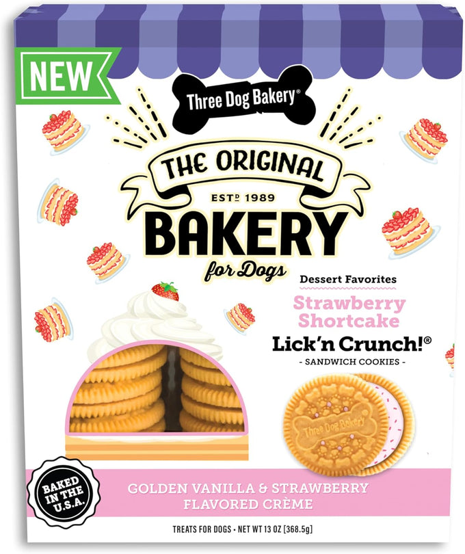 Three Dog Bakery Lick'n Crunch! Strawberry Shortcake Dog Treats, 13 oz, Crunchy Sandwich Cookies with Real Strawberries & Vanilla Cream Filling